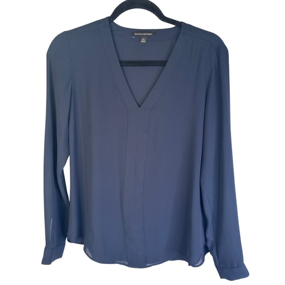 Banana Republic Womens XS Navy Blue Long Sleeve V-Neck Blouse 100% Polyester